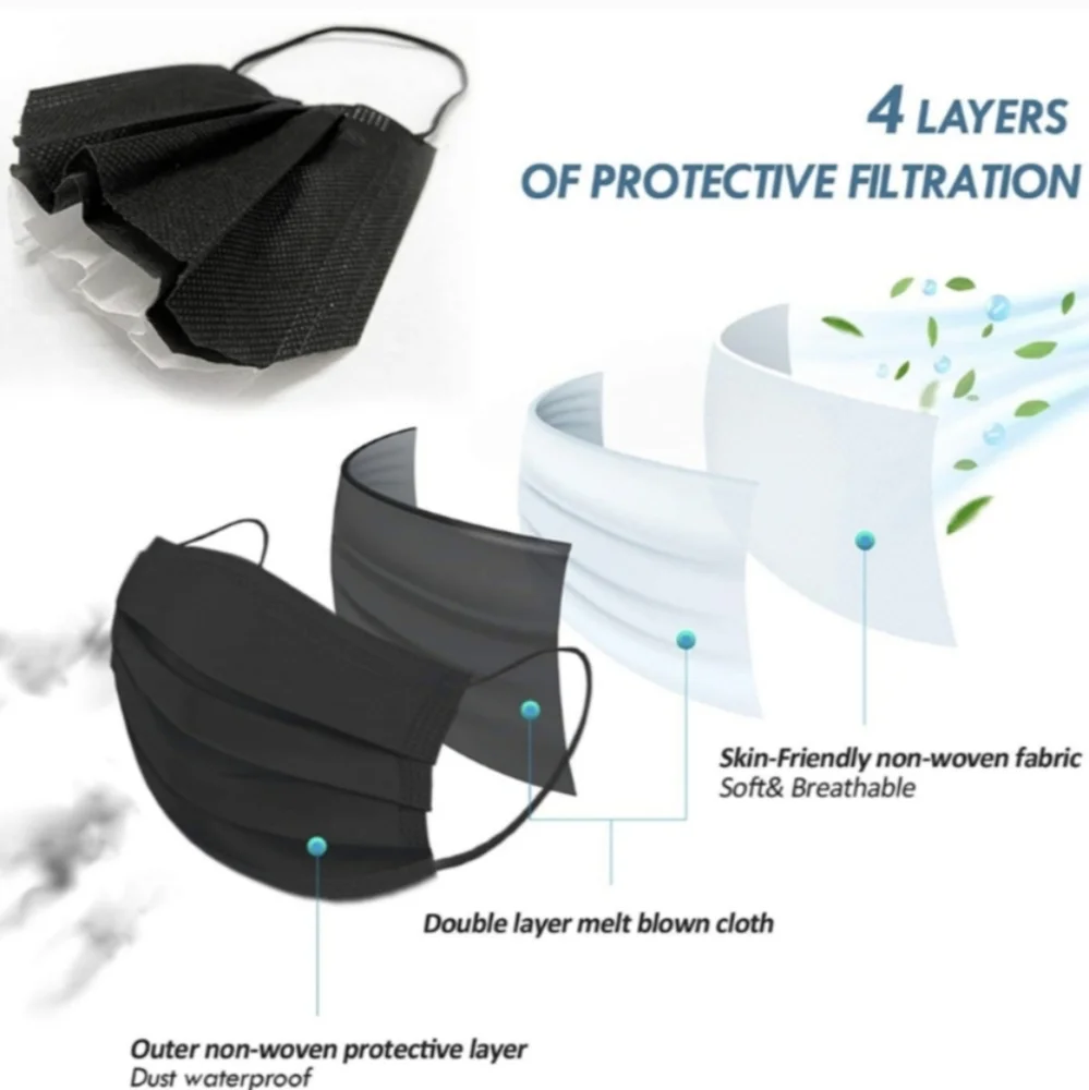 New Black Disposable Adult Face Masks, 4 Layers Of Protection, 50 Pieces